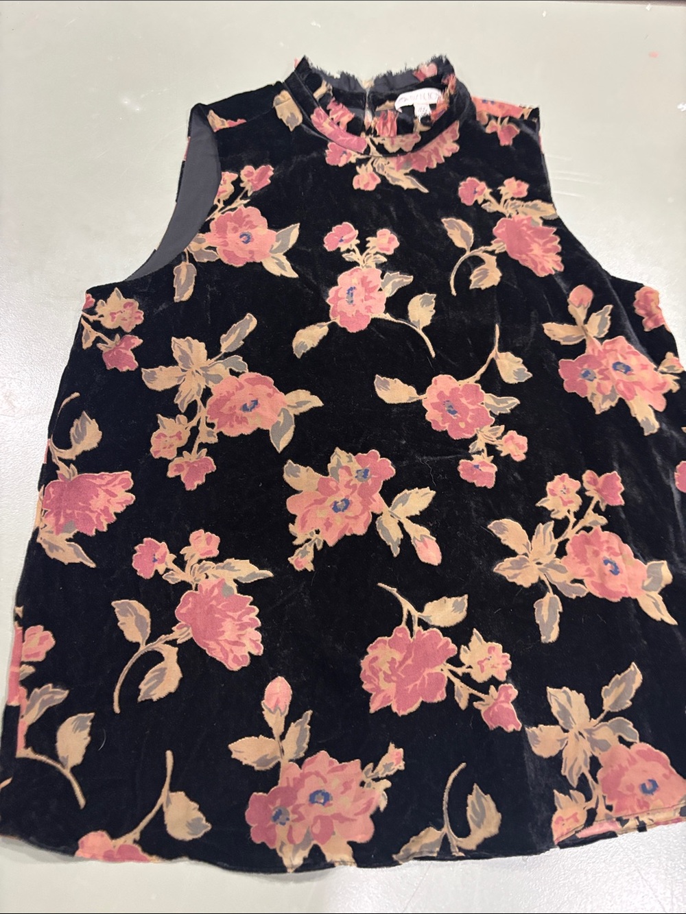 Sleeveless Black Velvet Blouse with Pink & Cream Floral Print